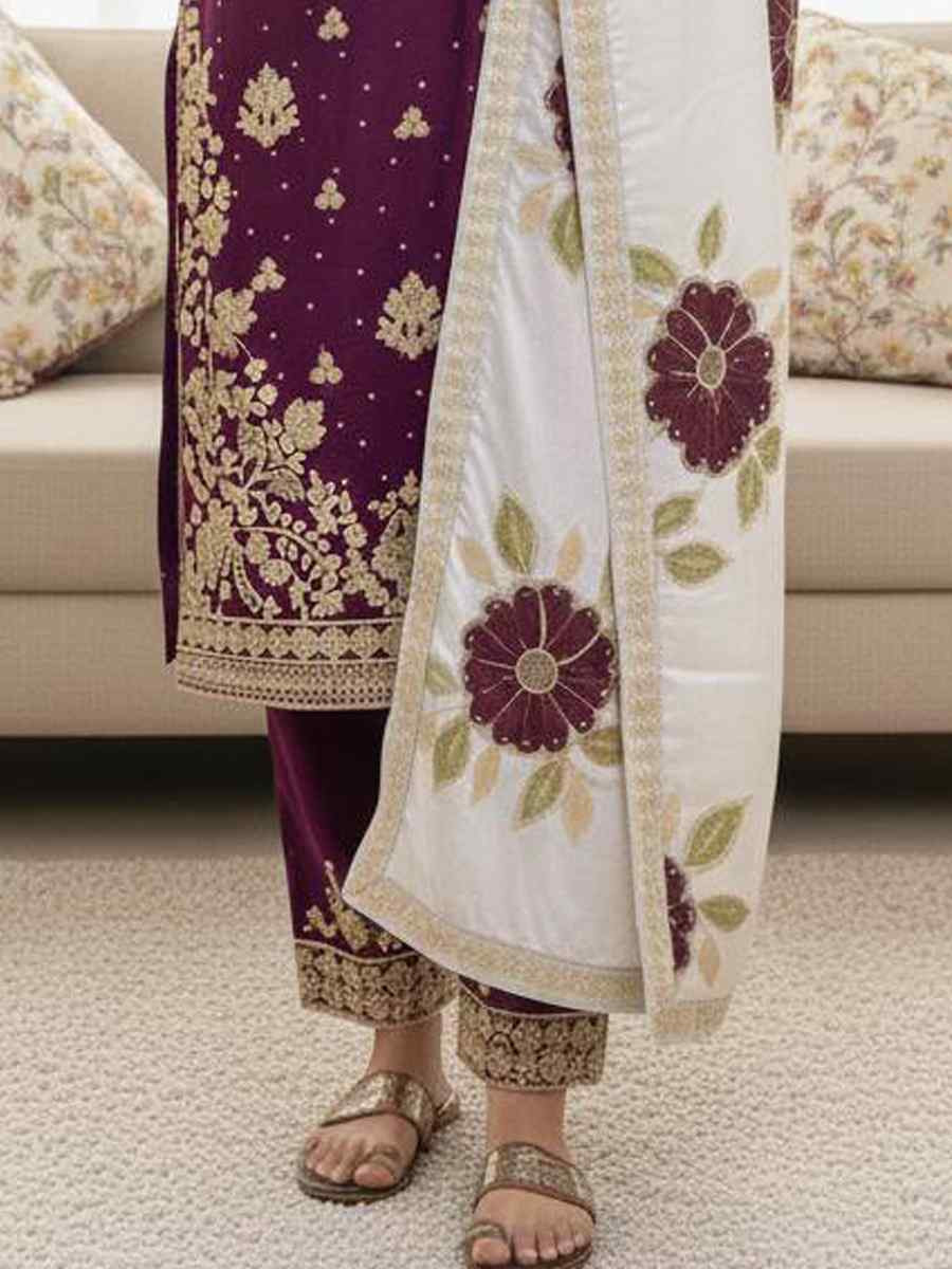 Purple Pure Silk Embroidery Party Wedding Festival Casual Ready Palazzo Pant Salwar Kameez