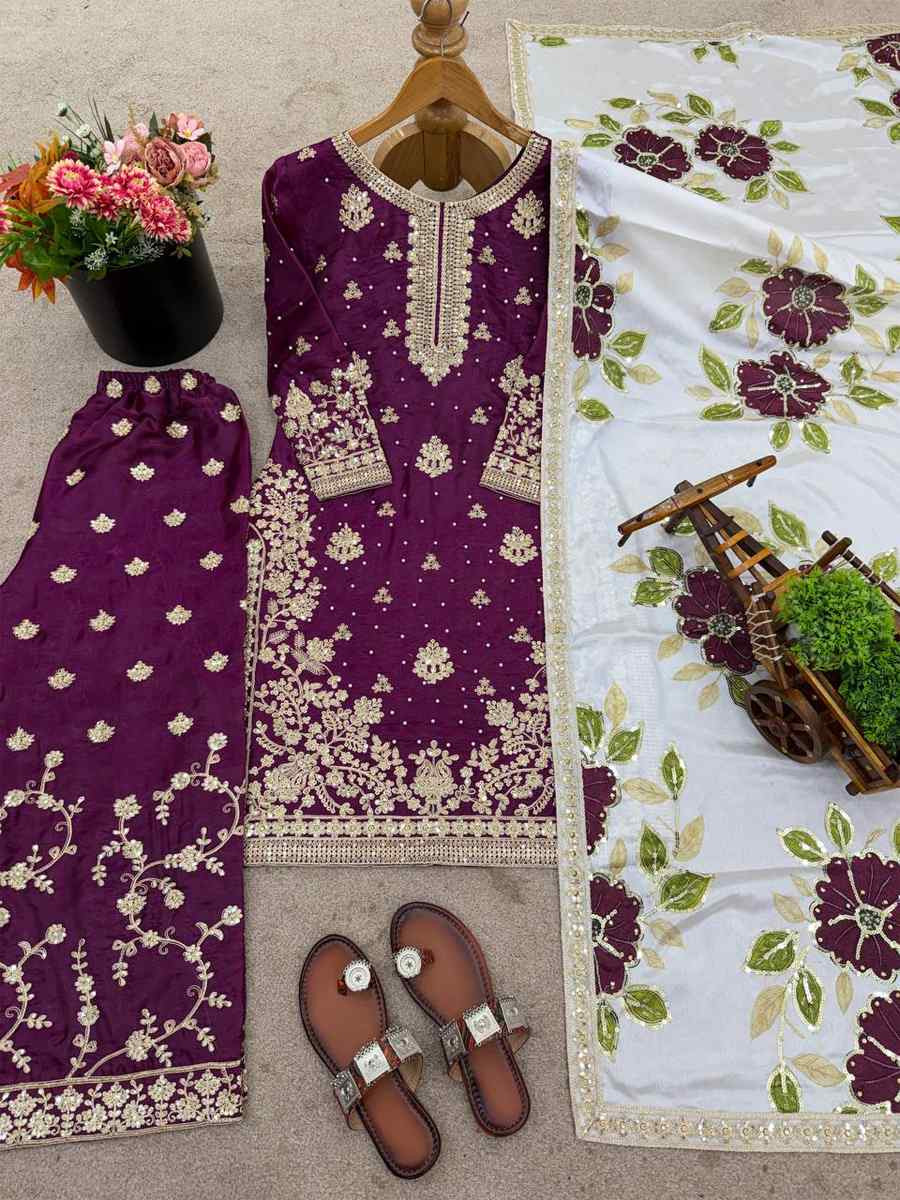 Purple Pure Silk Embroidery Party Wedding Festival Casual Ready Palazzo Pant Salwar Kameez