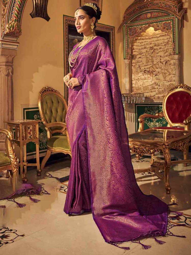 Purple Pure Silk Handwoven Wedding Festival Heavy Border Saree
