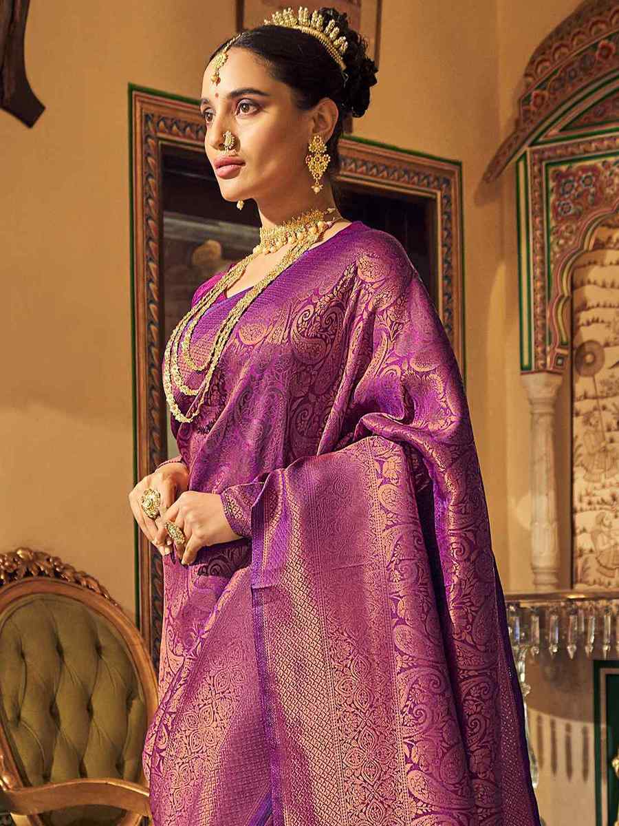Purple Pure Silk Handwoven Wedding Festival Heavy Border Saree