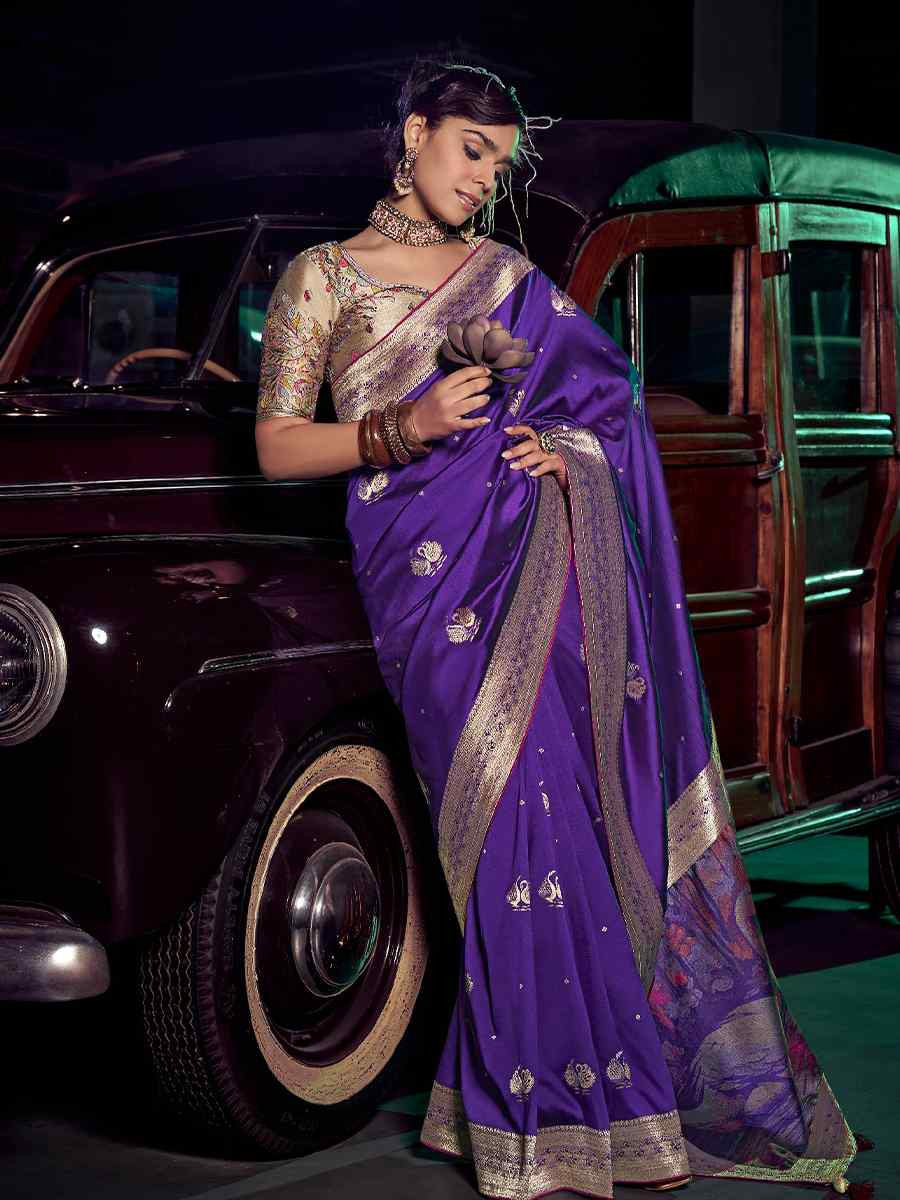 Purple Pure Silk Handwoven with Embroidered Festival Wedding Fancy Heavy Border Saree