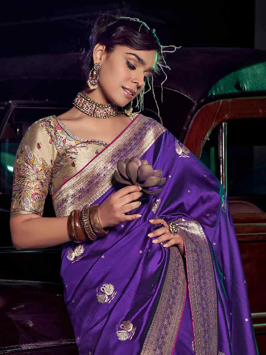 Purple Pure Silk Handwoven with Embroidered Festival Wedding Fancy Heavy Border Saree