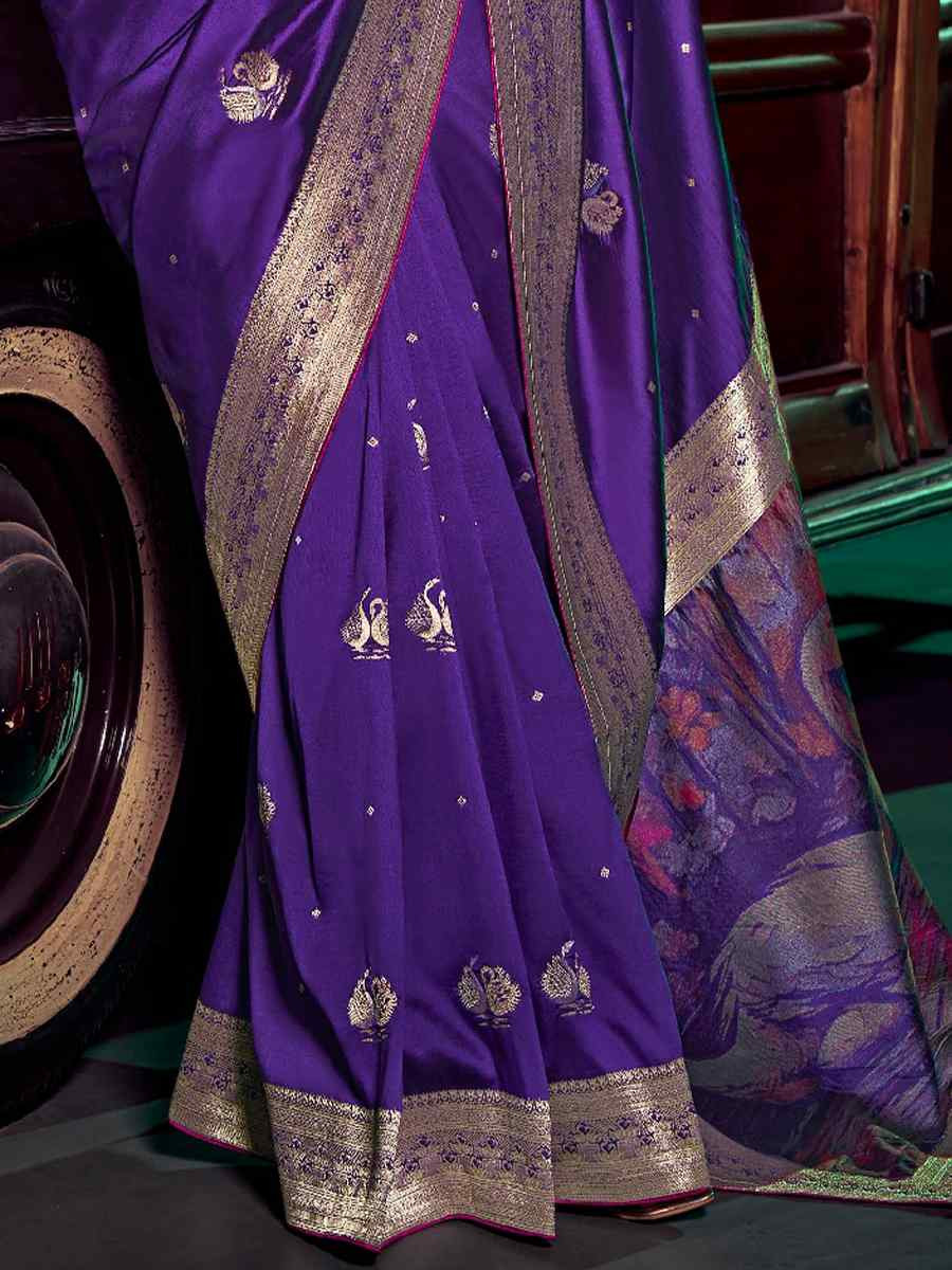 Purple Pure Silk Handwoven with Embroidered Festival Wedding Fancy Heavy Border Saree