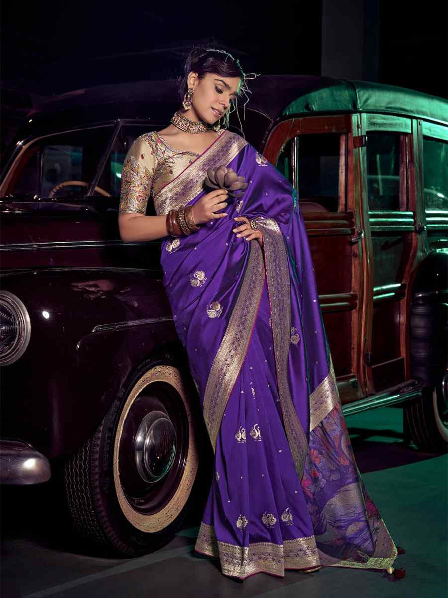 Purple Pure Silk Printed Handwoven Traditional Bridal Reception Festival Wedding Fancy Heavy Border Sarees