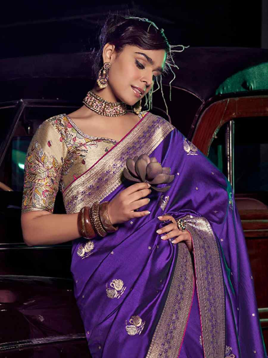 Purple Pure Silk Printed Handwoven Traditional Bridal Reception Festival Wedding Fancy Heavy Border Sarees
