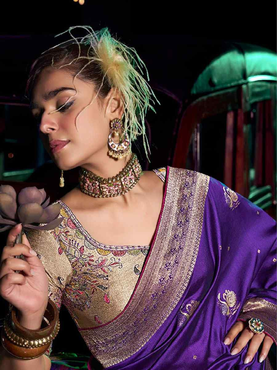 Purple Pure Silk Printed Handwoven Traditional Bridal Reception Festival Wedding Fancy Heavy Border Sarees