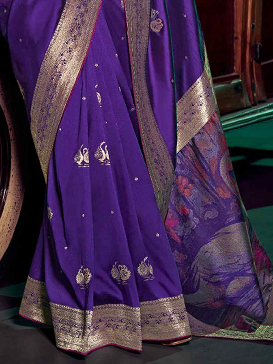 Purple Pure Silk Printed Handwoven Traditional Bridal Reception Festival Wedding Fancy Heavy Border Sarees