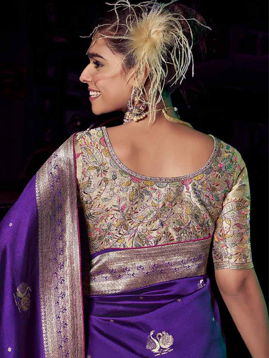 Purple Pure Silk Printed Handwoven Traditional Bridal Reception Festival Wedding Fancy Heavy Border Sarees