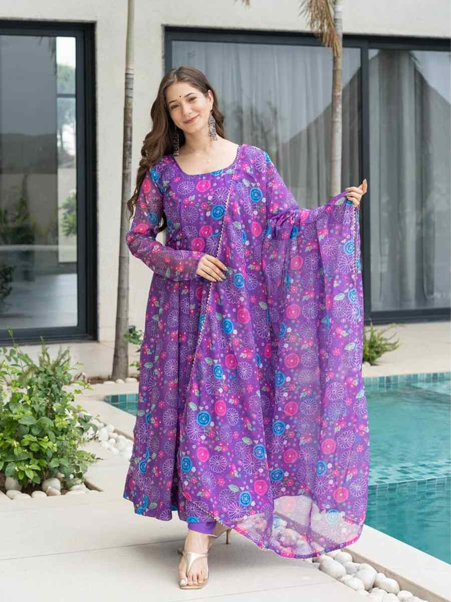 Purple Pure Soft Organza Printed Party Wedding Festival Casual Ready Anarkali Salwar Kameez
