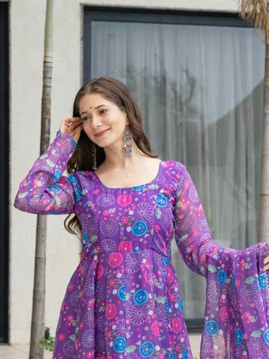 Purple Pure Soft Organza Printed Party Wedding Festival Casual Ready Anarkali Salwar Kameez