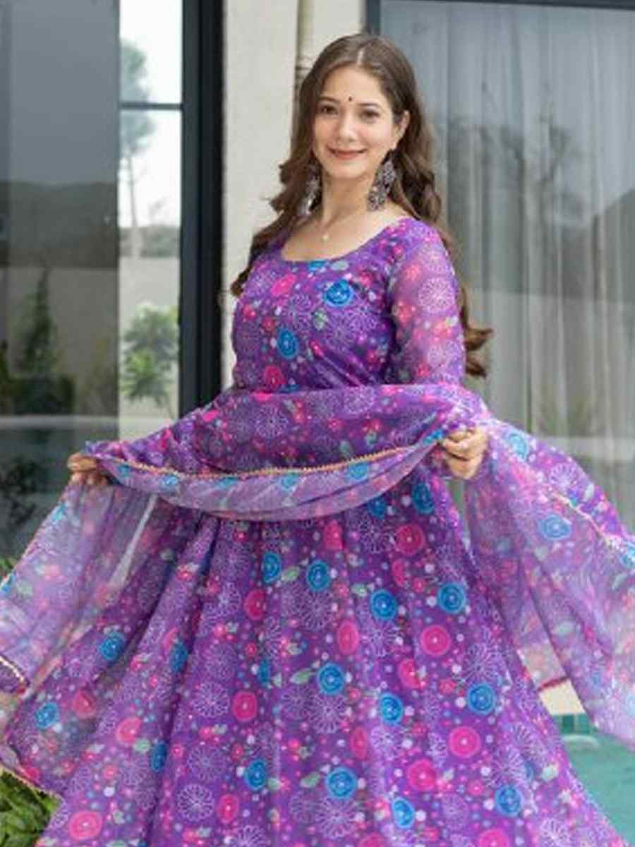 Purple Pure Soft Organza Printed Party Wedding Festival Casual Ready Anarkali Salwar Kameez