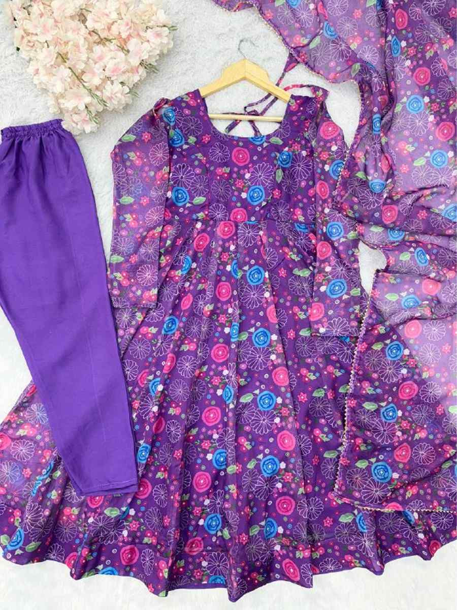 Purple Pure Soft Organza Printed Party Wedding Festival Casual Ready Anarkali Salwar Kameez