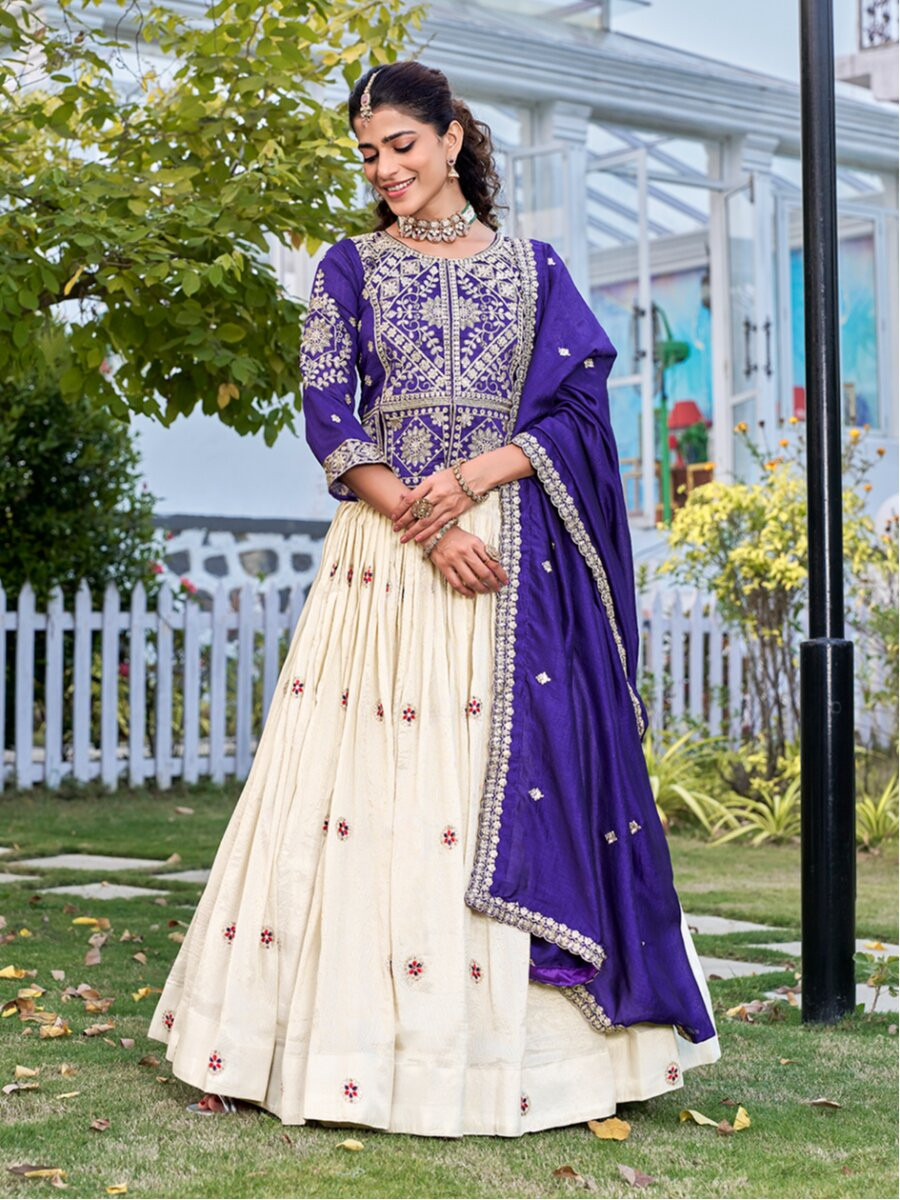 Purple Pure Vichitra Embroidery Wedding Party Festival Traditional Lehenga Choli