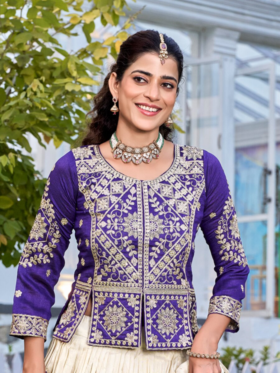 Purple Pure Vichitra Embroidery Wedding Party Festival Traditional Lehenga Choli