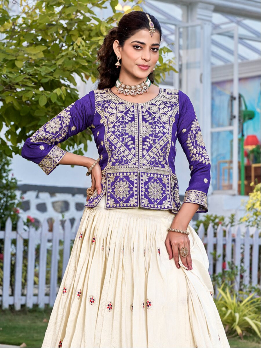 Purple Pure Vichitra Embroidery Wedding Party Festival Traditional Lehenga Choli