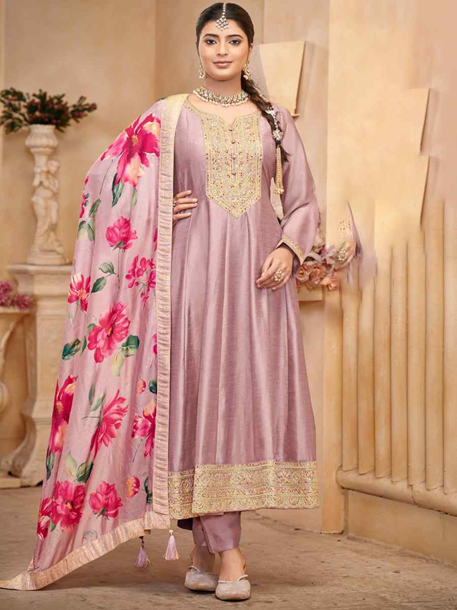 Purple Pure Vichitra Silk Embroidered Festival Casual Anarkali Salwar Kameez