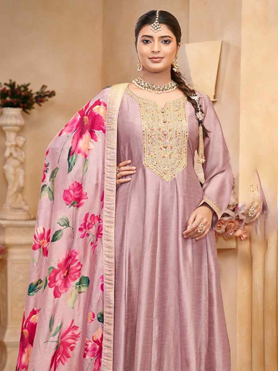 Purple Pure Vichitra Silk Embroidered Festival Casual Anarkali Salwar Kameez