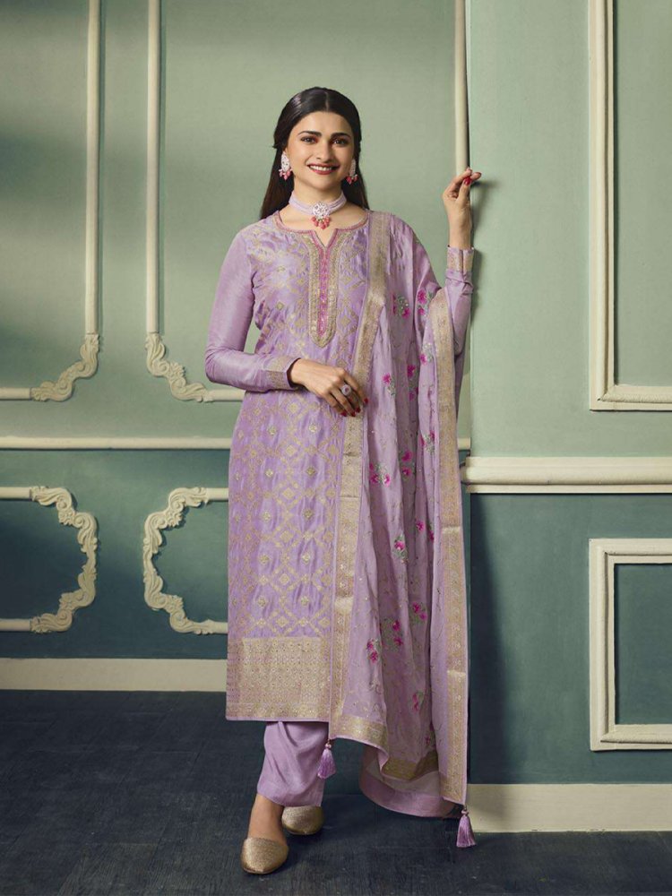 Purple Pure Viscose Jacquard Embroidered Festival Mehendi Pant Bollywood Style Salwar Kameez