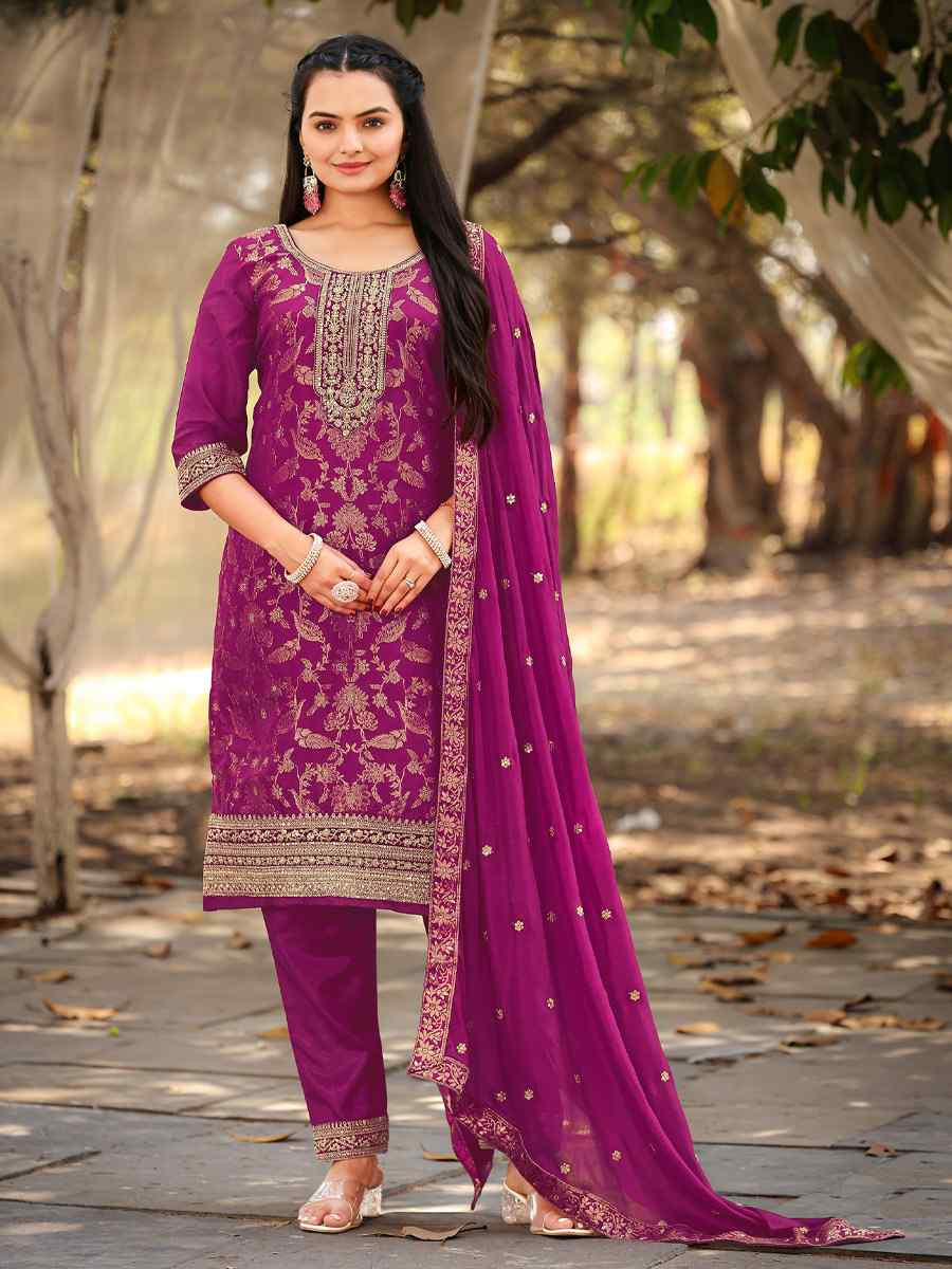 Purple Pure Viscose Jacquard Embroidery Party Wedding Festival Casual Ready Pant Salwar Kameez