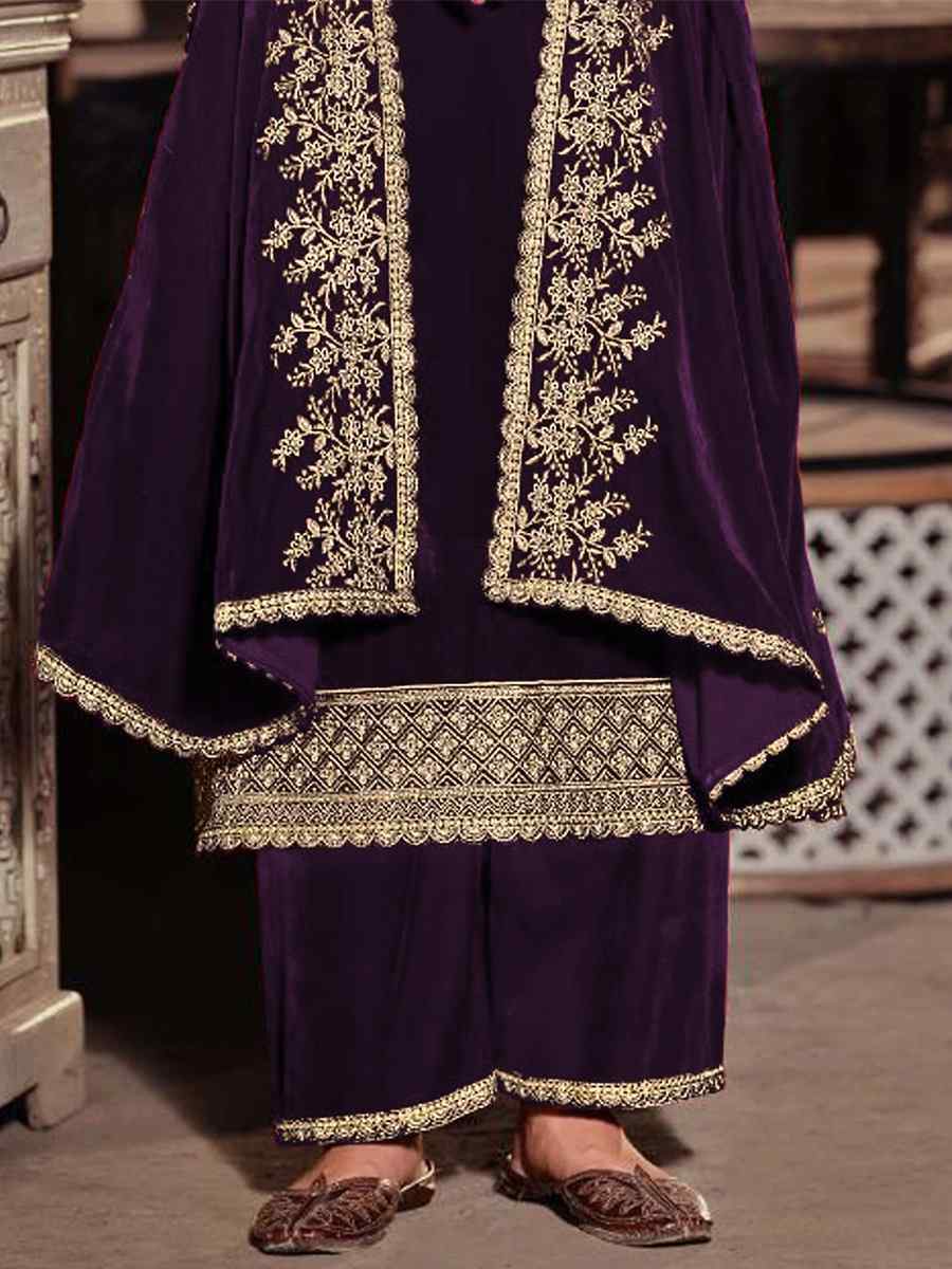 Purple Pure Viscose Velvet Embroidered Festival Wedding Palazzo Pant Salwar Kameez