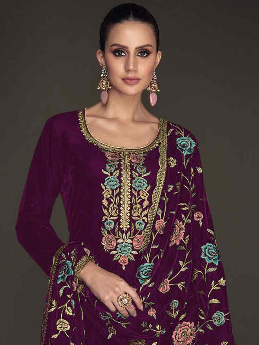 Purple Pure Viscose Velvet Embroidered Mehendi Wedding Pant Salwar Kameez