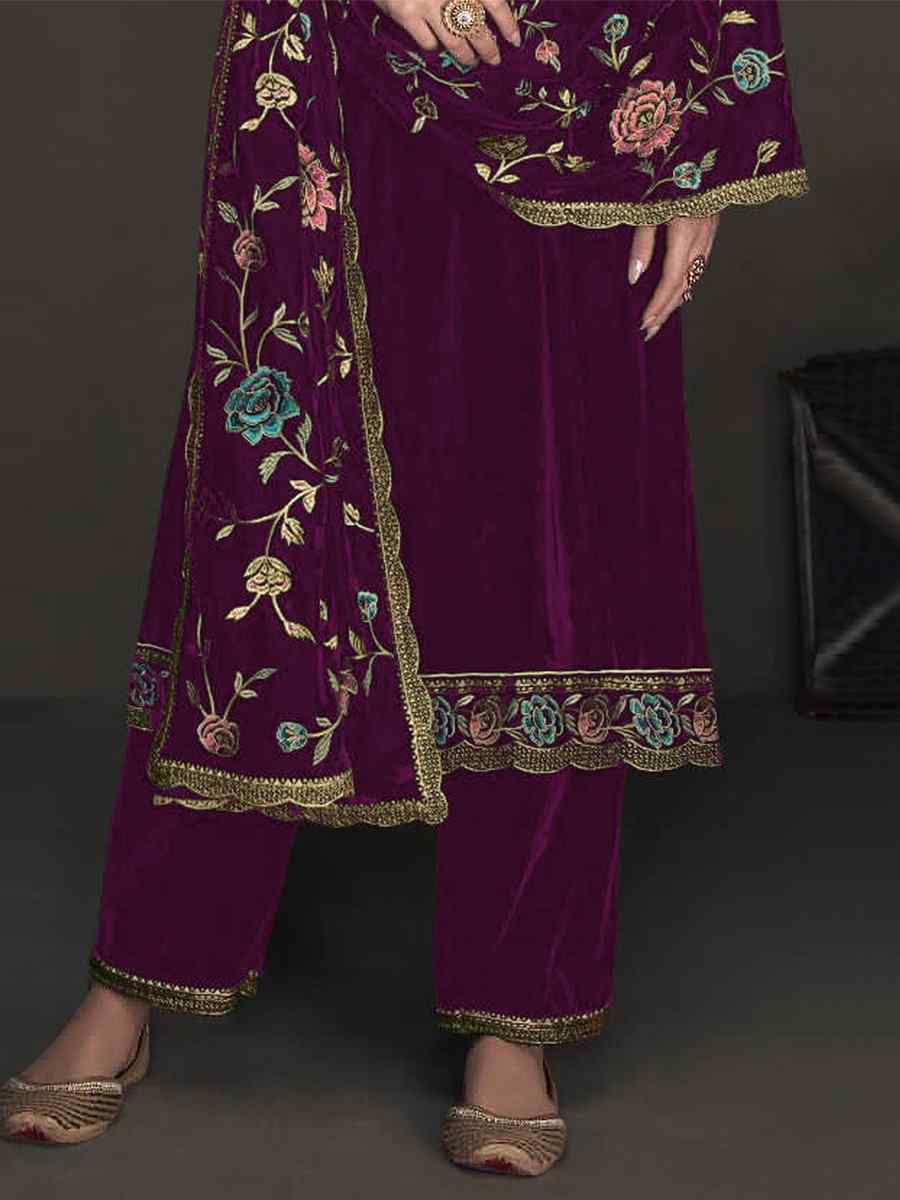 Purple Pure Viscose Velvet Embroidered Mehendi Wedding Pant Salwar Kameez