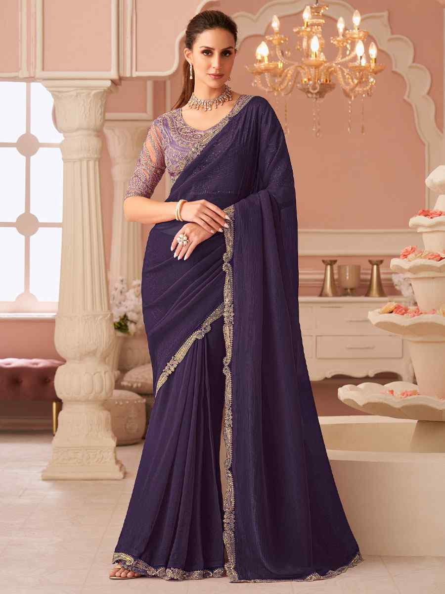 Purple Rainbow Georgette Embroidery Bridal Reception Festival Wedding Fancy Heavy Border Saree