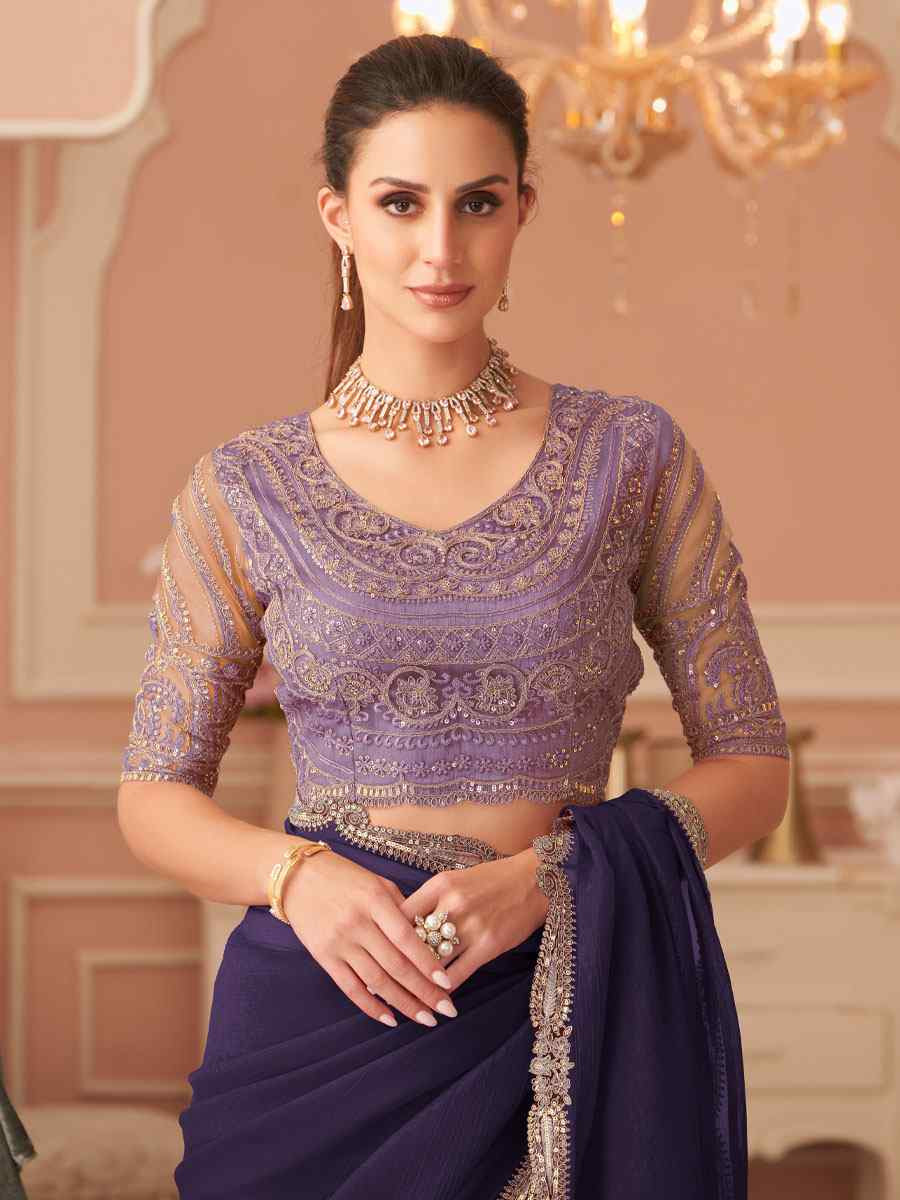 Purple Rainbow Georgette Embroidery Bridal Reception Festival Wedding Fancy Heavy Border Saree