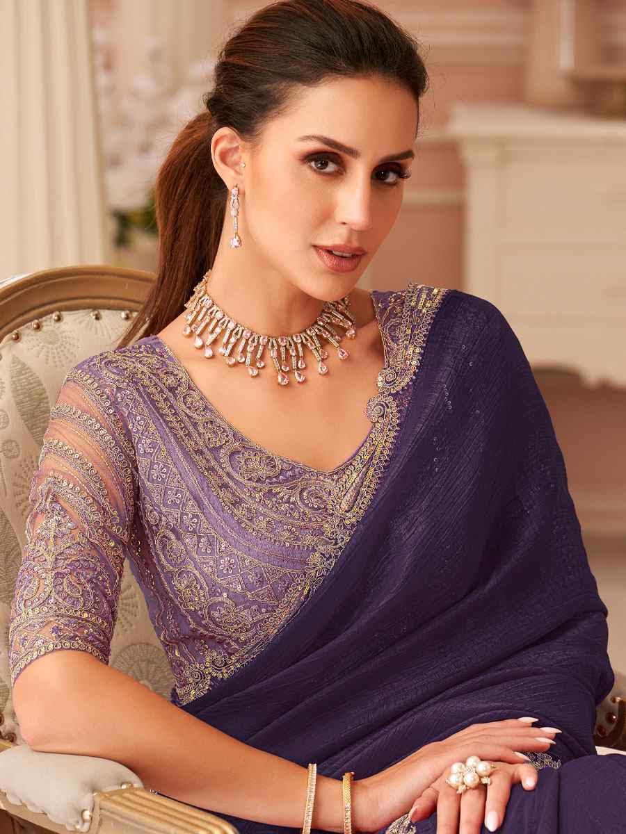 Purple Rainbow Georgette Embroidery Bridal Reception Festival Wedding Fancy Heavy Border Saree