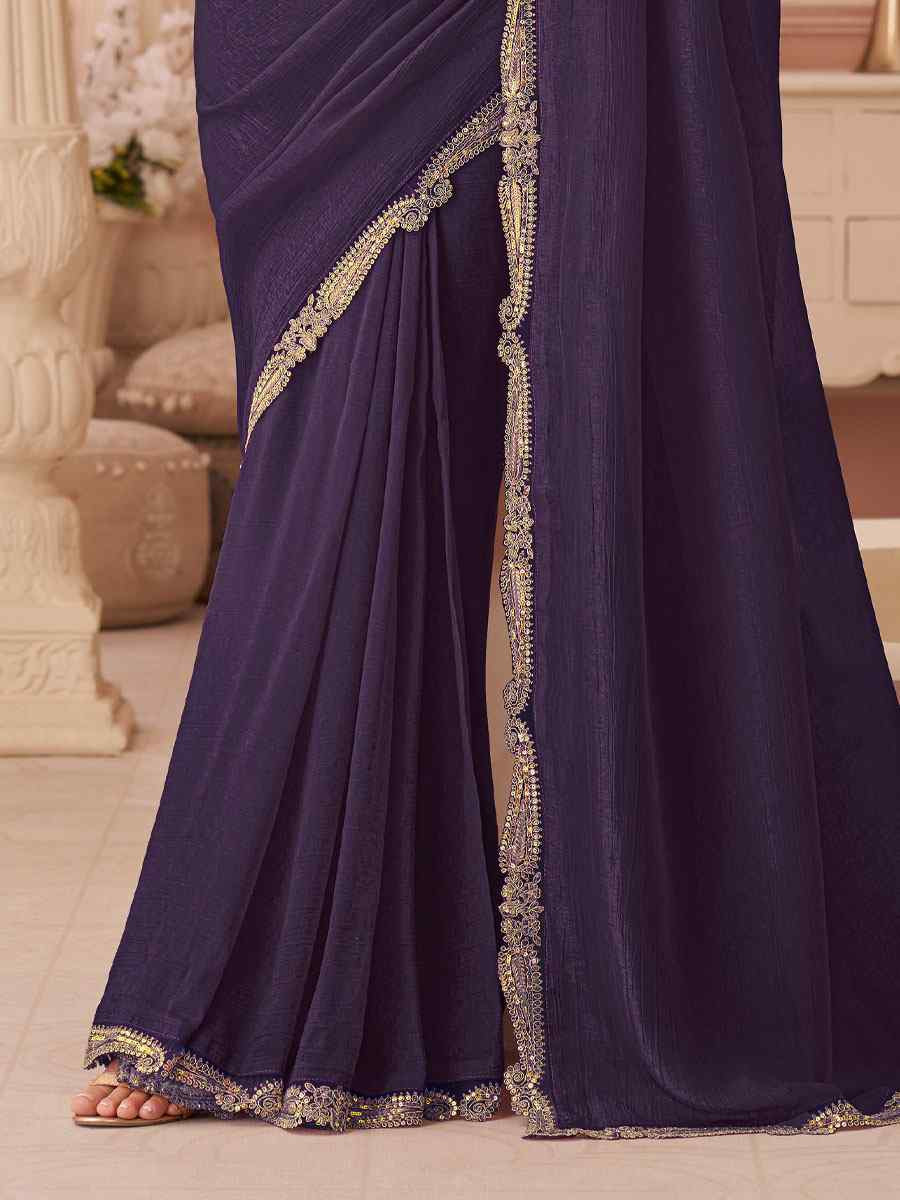 Purple Rainbow Georgette Embroidery Bridal Reception Festival Wedding Fancy Heavy Border Saree