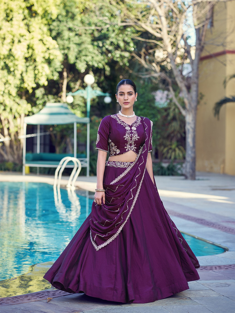 Purple Rangoli Crush Silk Embroidery Sequins Wedding Reception Party Wear Festival Circular Lehenga Choli