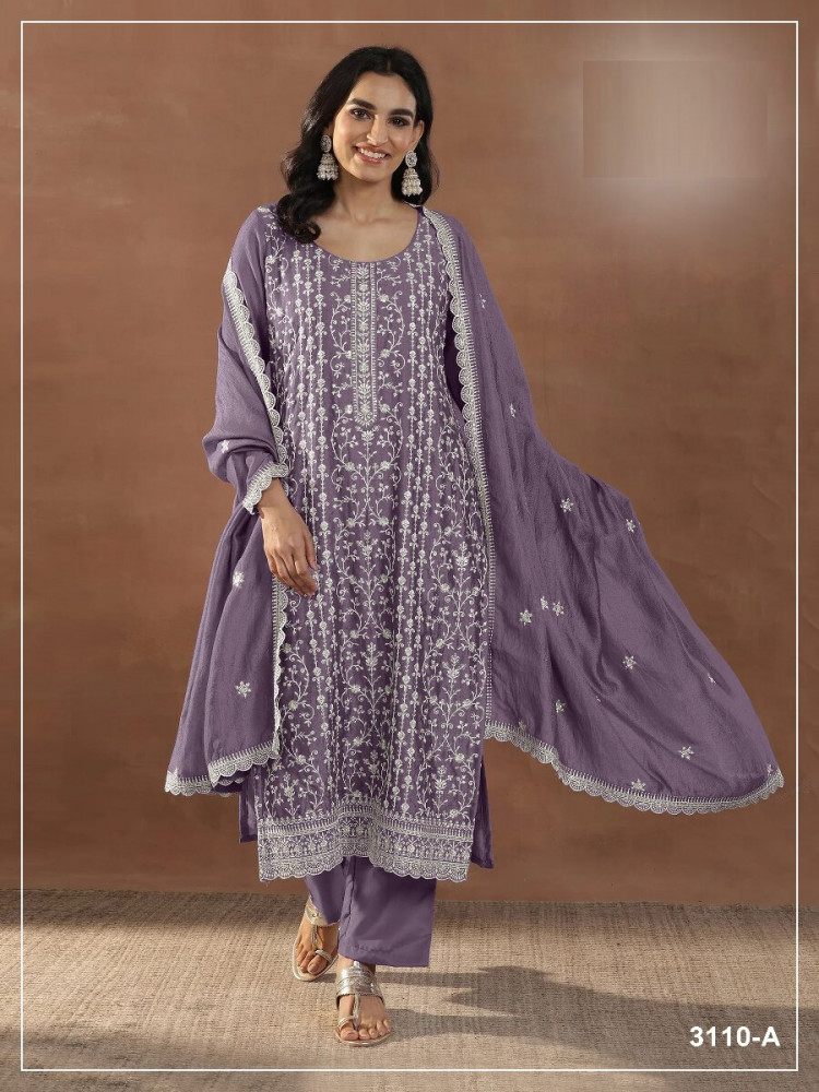 Image of Purple Rangoli Crush Silk Embroidery Wedding Party Festival Casual Palazzo Pant Salwar Kameez