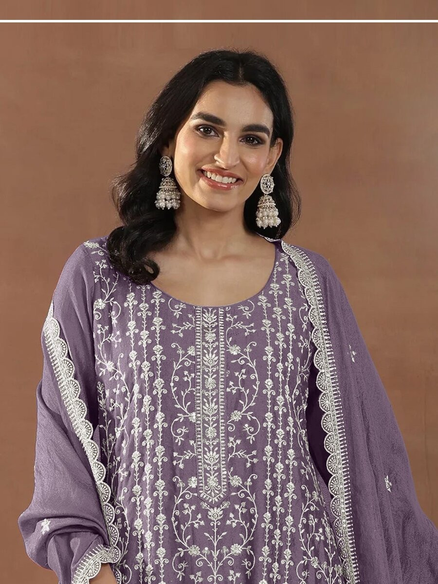Purple Rangoli Crush Silk Embroidery Wedding Party Festival Casual Palazzo Pant Salwar Kameez
