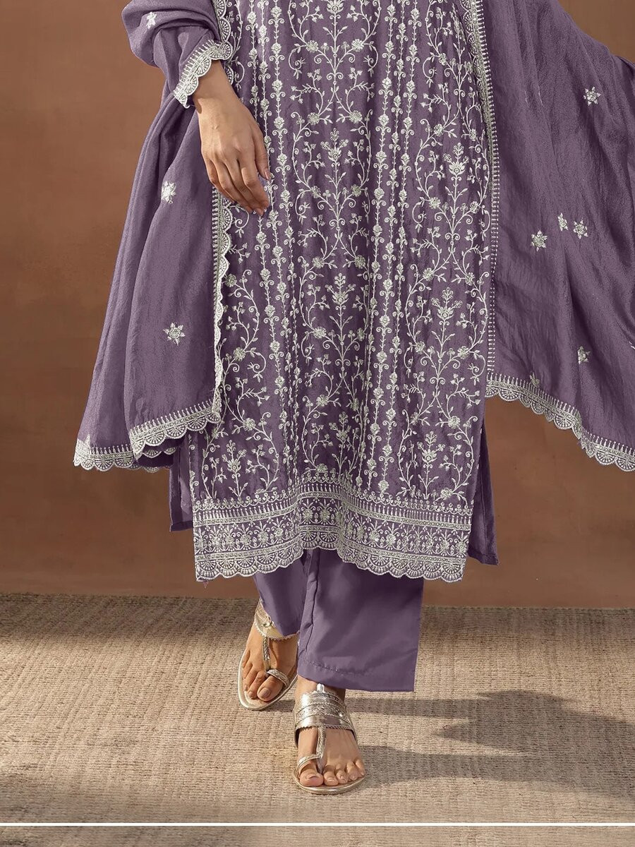 Purple Rangoli Crush Silk Embroidery Wedding Party Festival Casual Palazzo Pant Salwar Kameez