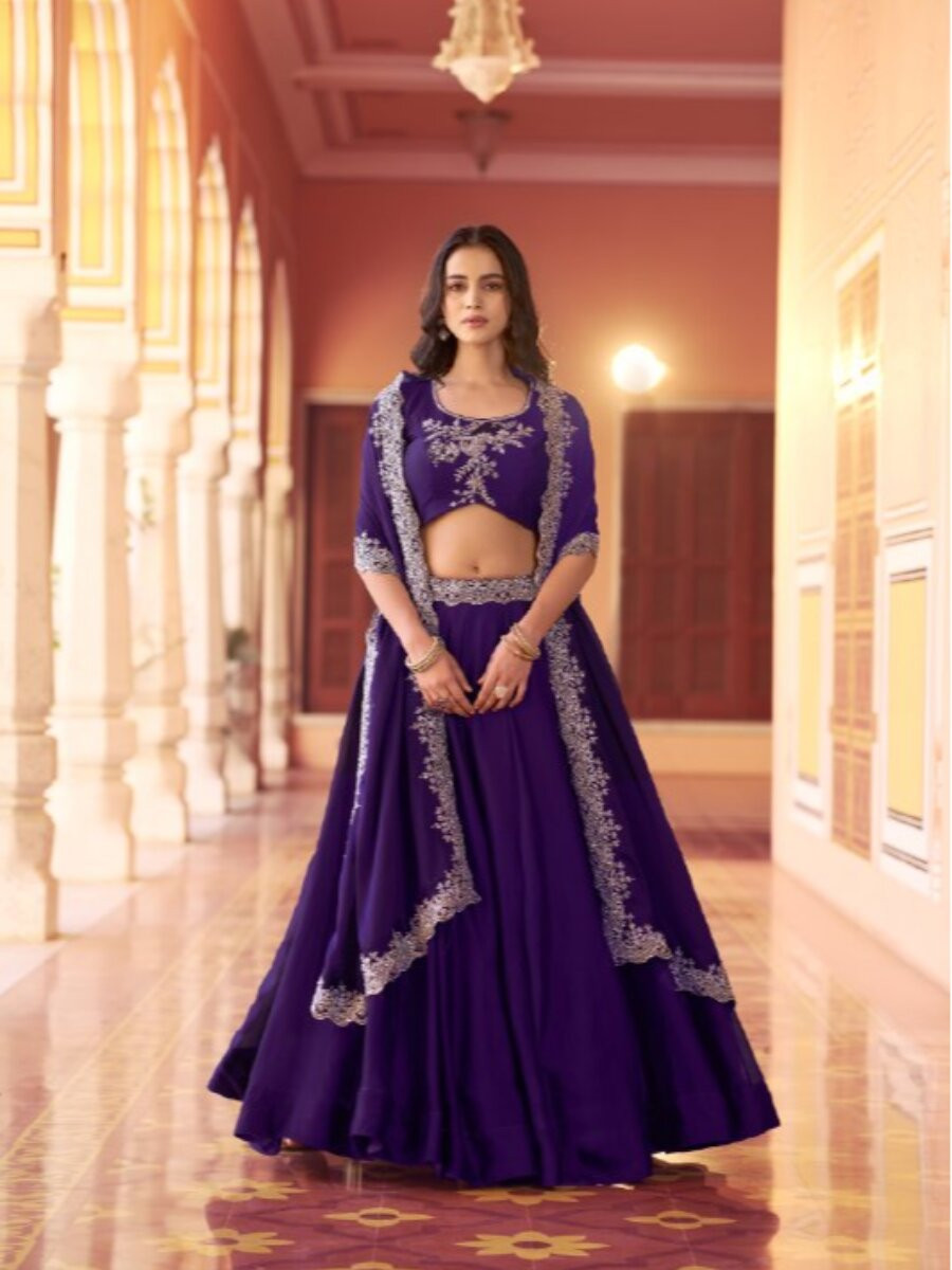 Purple Rangoli Silk Embroidery Sequins with Tube Beads Wedding Reception Party Festival Circular Lehenga Choli