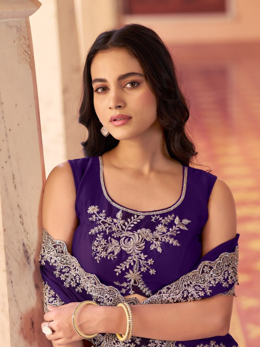 Purple Rangoli Silk Embroidery Sequins with Tube Beads Wedding Reception Party Festival Circular Lehenga Choli