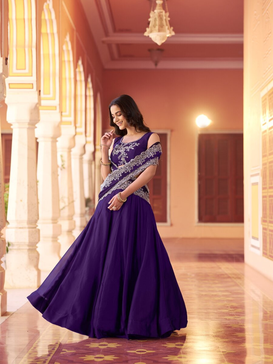 Purple Rangoli Silk Embroidery Sequins with Tube Beads Wedding Reception Party Festival Circular Lehenga Choli