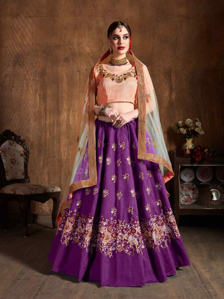 Image of Purple Raw Silk Embroidered Wedding Reception Festival Heavy Border Lehenga Choli