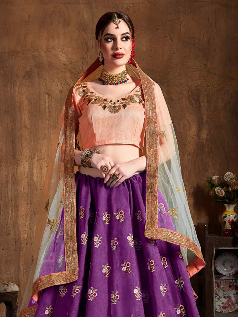 Purple Raw Silk Embroidered Wedding Reception Festival Heavy Border Lehenga Choli