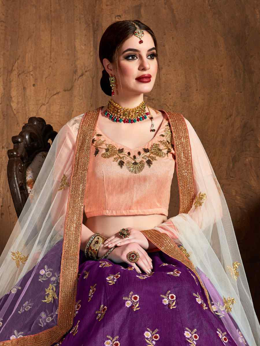 Purple Raw Silk Embroidered Wedding Reception Festival Heavy Border Lehenga Choli