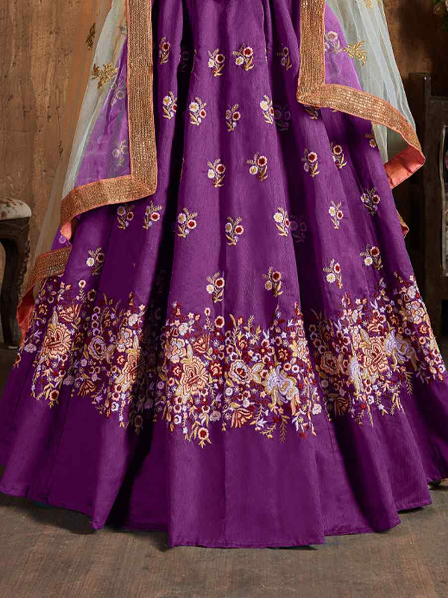 Purple Raw Silk Embroidered Wedding Reception Festival Heavy Border Lehenga Choli