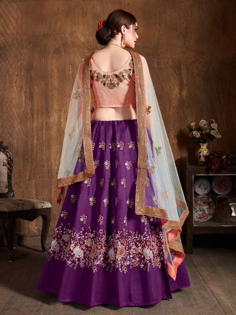 Purple Raw Silk Embroidered Wedding Reception Festival Heavy Border Lehenga Choli