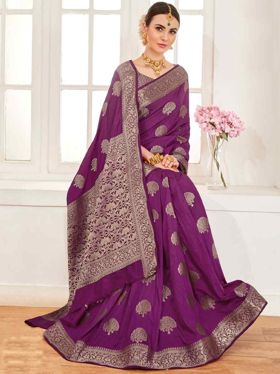 Purple Raw Silk Handwoven Wedding Festival Heavy Border Saree