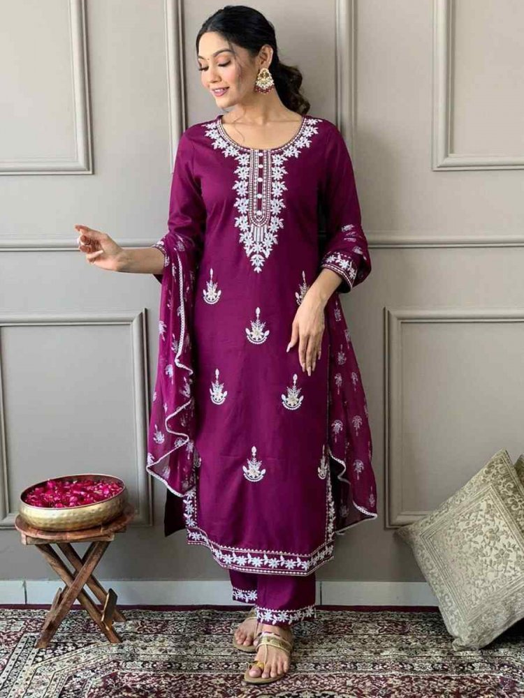 Purple Rayon Embroidered Festival Mehendi Ready Pant Salwar Kameez