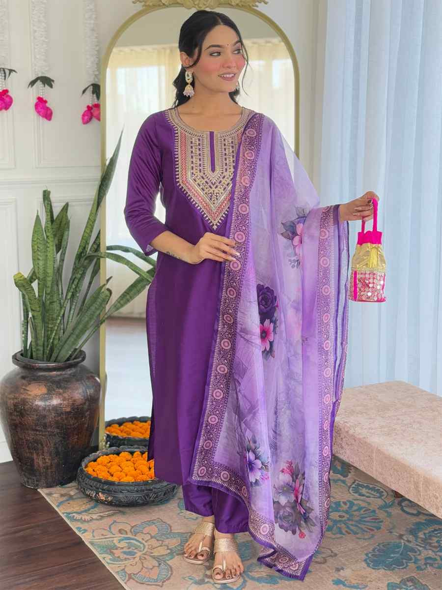 Purple Rayon Embroidery Party Wedding Festival Casual Ready Pant Salwar Kameez