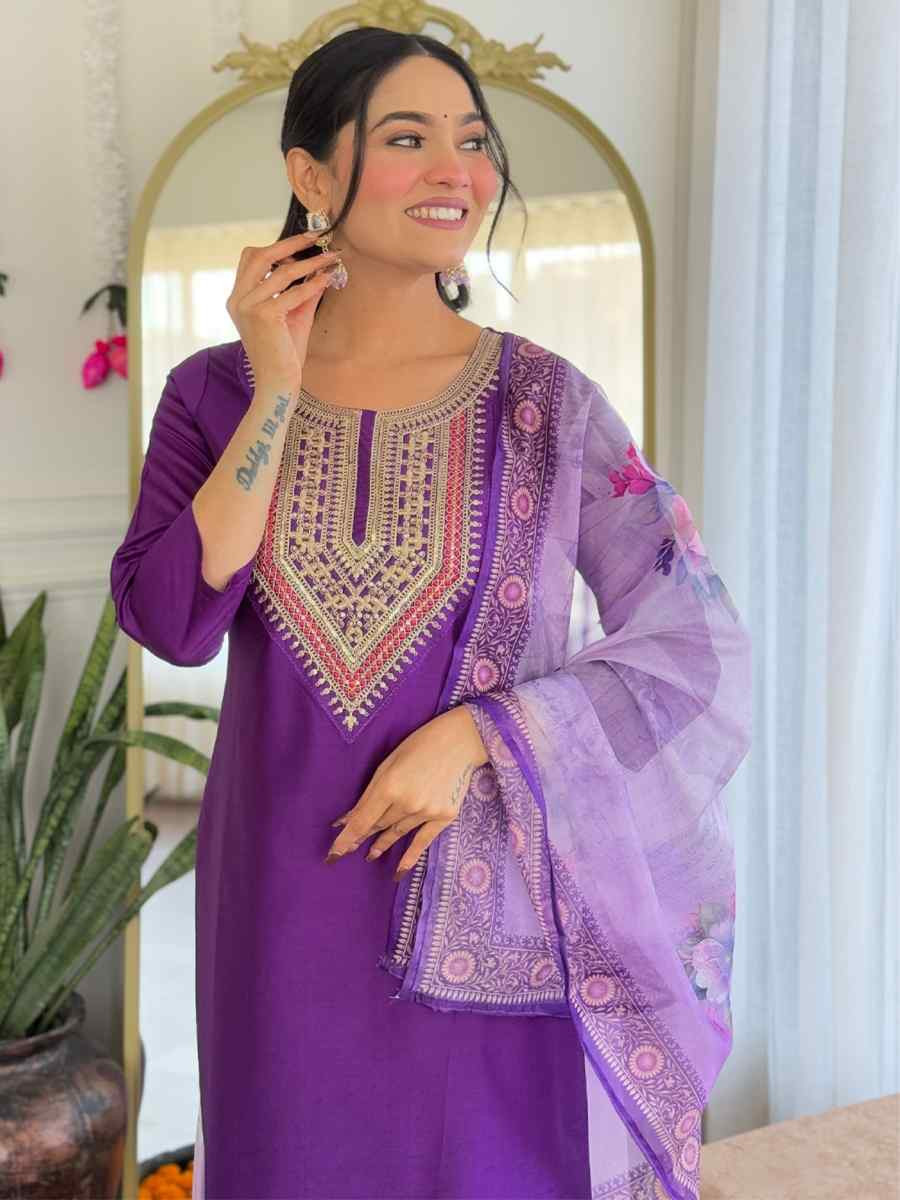 Purple Rayon Embroidery Party Wedding Festival Casual Ready Pant Salwar Kameez