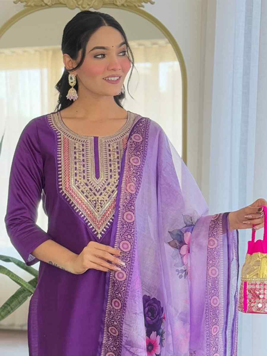 Purple Rayon Embroidery Party Wedding Festival Casual Ready Pant Salwar Kameez