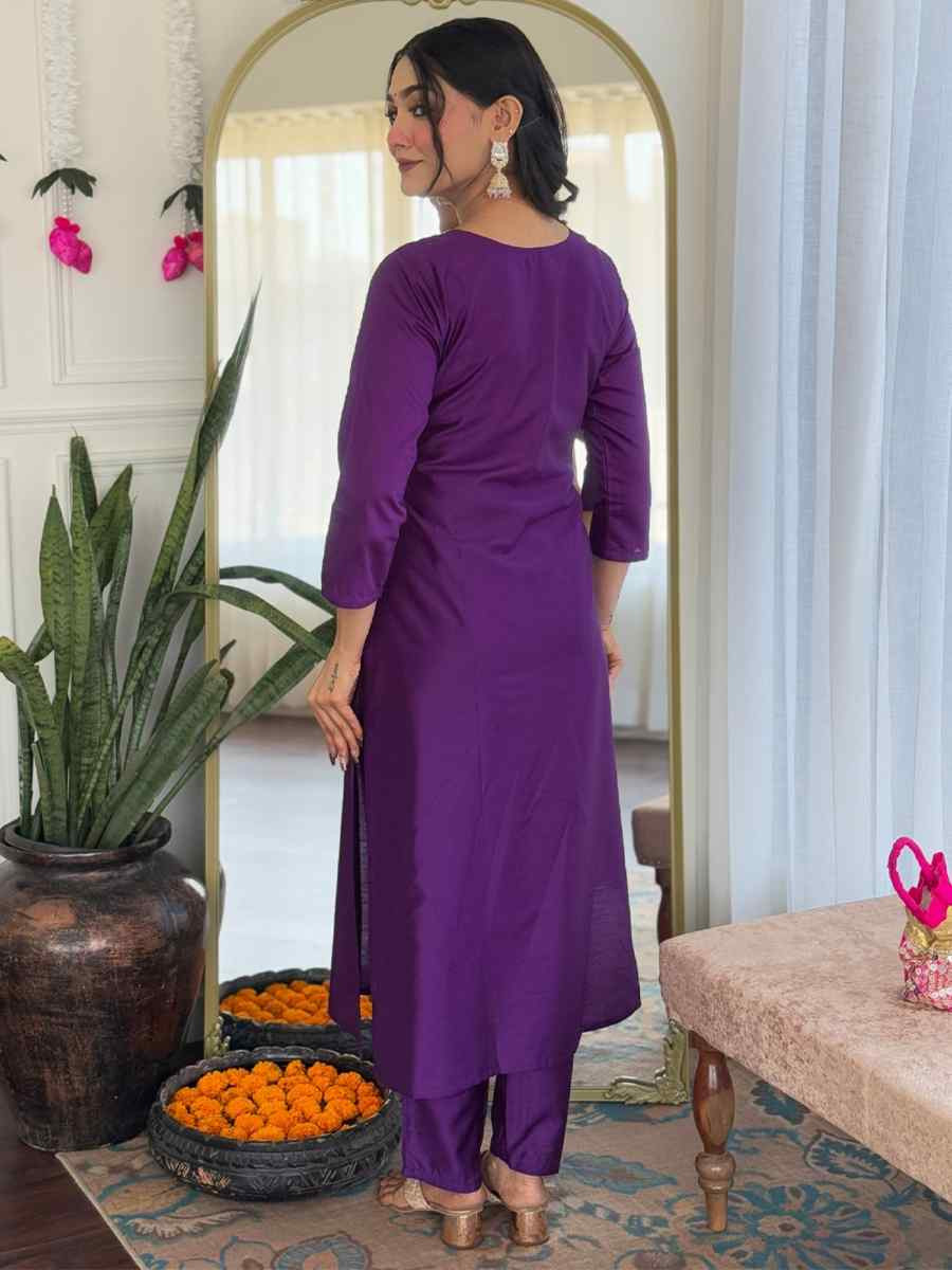 Purple Rayon Embroidery Party Wedding Festival Casual Ready Pant Salwar Kameez