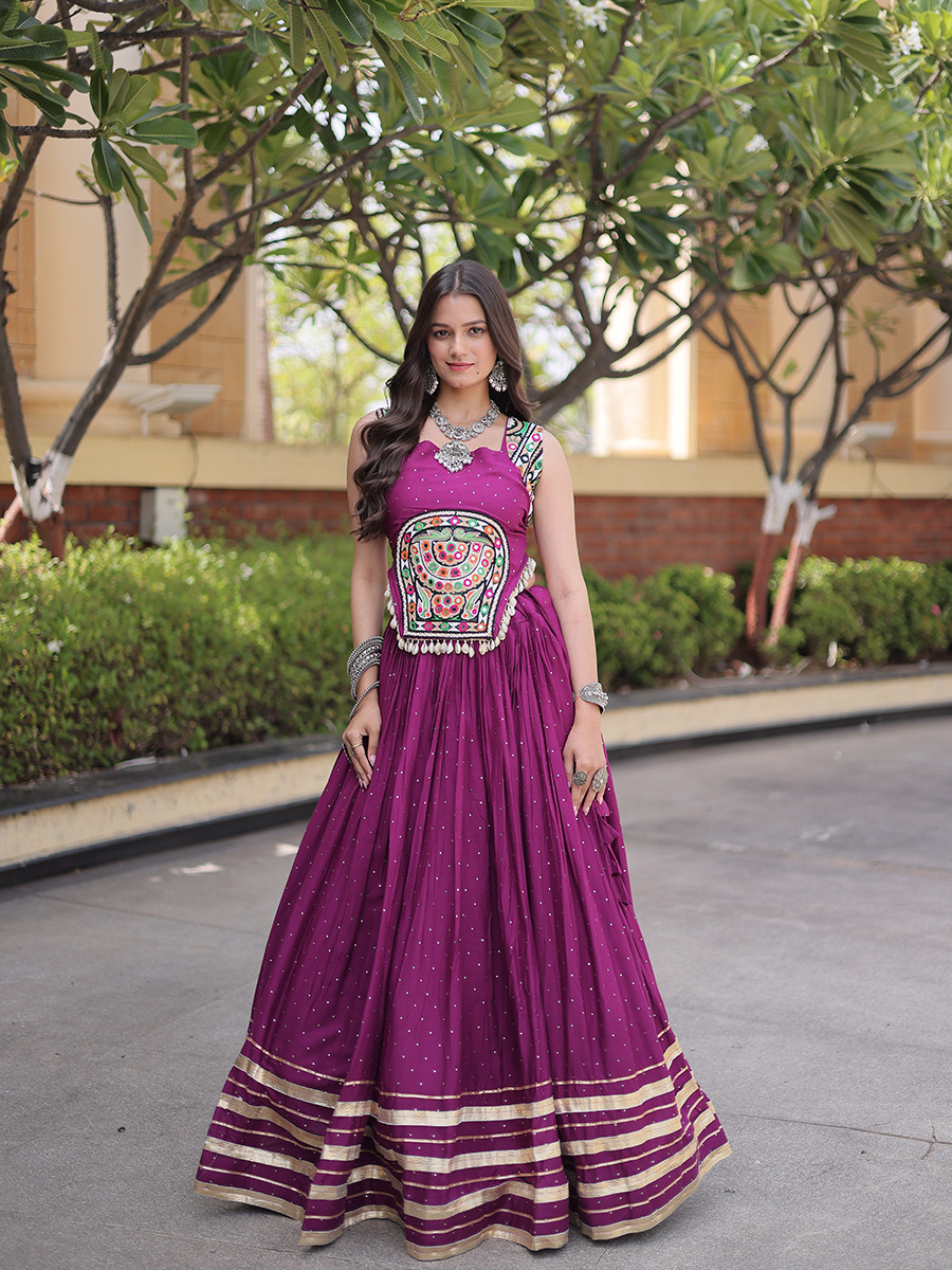 Purple Rayon Gamthi Mirror Work Wedding Reception Festival Party Wear Ready Circular Lehenga Choli