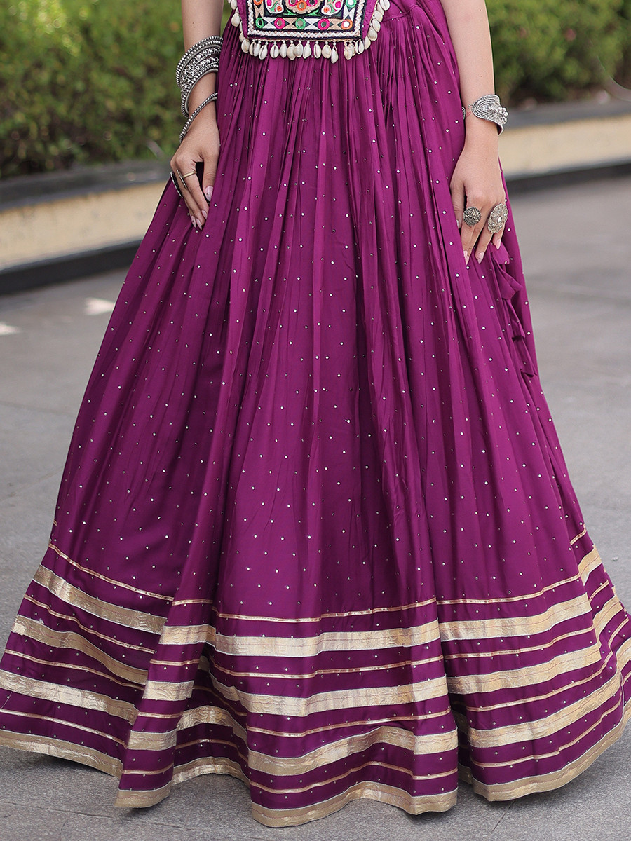 Purple Rayon Gamthi Mirror Work Wedding Reception Festival Party Wear Ready Circular Lehenga Choli